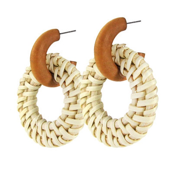 Rattan Earring, Hand Woven Earring, Natural Woven earring, Straw earring, Round Hook Earrings