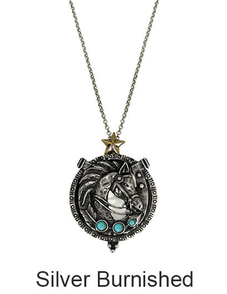 May include: Silver necklace with a burnished pendant featuring a horse head design with turquoise stones. The pendant has a star charm at the top.