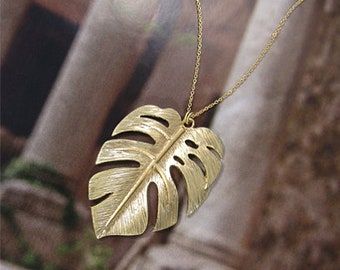 Monstera Necklace Tropical plant Leaf Necklace Nature inspired floral leaves Necklace, 30 inch plus 3 inch