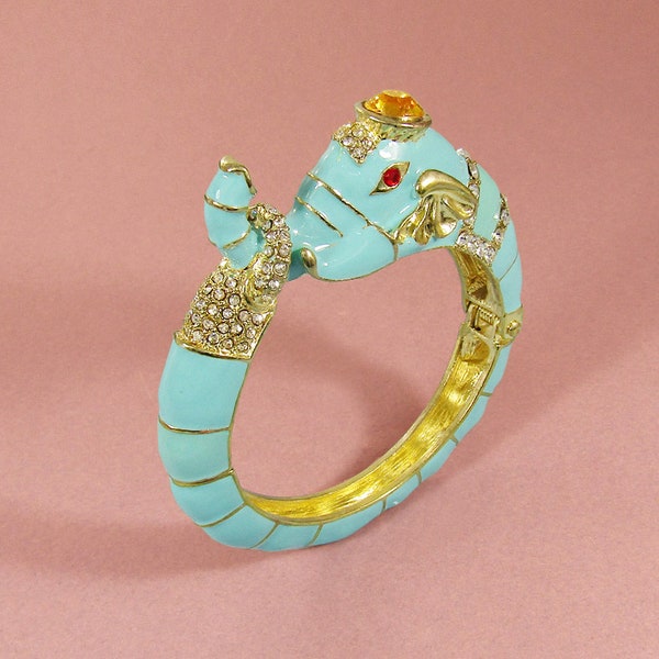 Stoned Enamel Elephant Hinge Bangle Cuff Bracelet