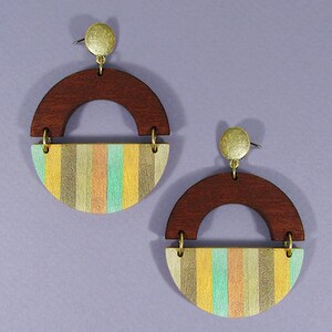 Color Printed Geometric Half Circle Wood Drop Dangle Post Earrings