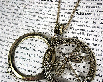 Dragonfly 6 Times Magnifier Magnifying Glass Sliding Top Magnet Pendant Necklace, 30 inch plus 3 inch