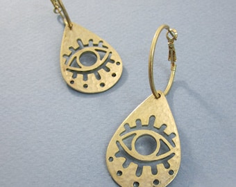 Evil Eye Abstract Dangle Drop Hoop Earring