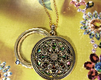 Mandala with Abalone 6 Times Magnifier Magnifying Glass Top Sliding Magnet Pendant Necklace, 30 inch plus 3 inch