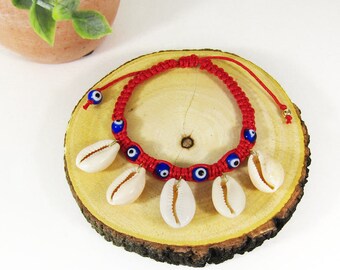 Evil Eye Puka Shell Cotton Cord Braided Bracelet