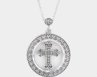 Cross with Abalone 6 Times Magnifier Magnifying Glass Top Sliding Magnet Pendant Necklace, 30 inch plus 3 inch