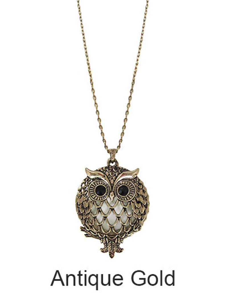 Peut inclure: Collier avec pendentif hibou en or antique, avec des yeux noirs et un design d&eacute;taill&eacute;. Le hibou est sur une cha&icirc;ne en or.
