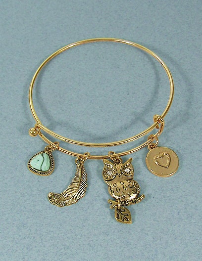 Stone Feather Owl Heart Wired Cuff Bracelet