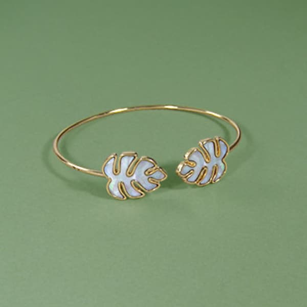 Mother of Pearl Monstera Wired Cuff Bracelet