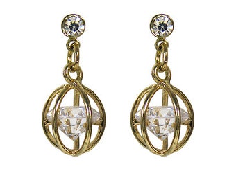 May include: Gold earrings with a cubic zirconia stone in a cage setting.