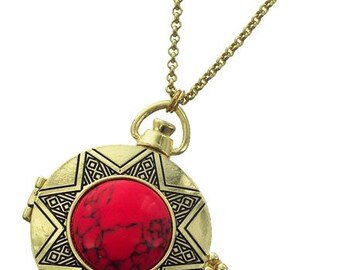 Aztac with Semi Precious Red Stone 6 Times Magnifier Magnifying Glass Top Sliding Magnet Pendant Long Necklace, 30 inch plus 3 inch