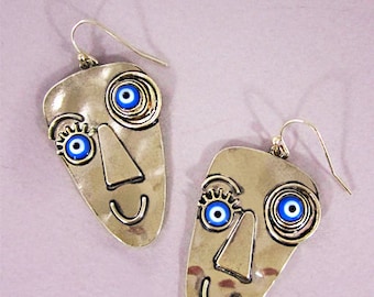 Picasso Face Evil Eye Color Stone Drop Dangle Hook Earrings