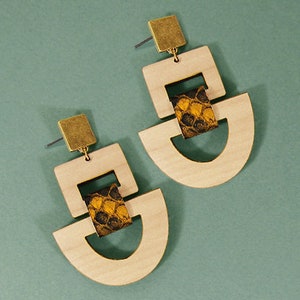 Geometric Wood Leather Post Earrings