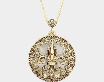Fleur de lis 6 Times Magnifier Magnifying Glass Top Sliding Magnet Pendant Necklace, 30 inch plus 3 inch
