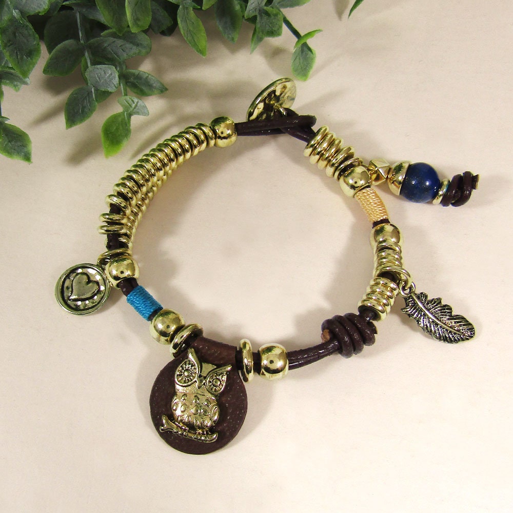 Owl Heart Feather Wisdom Leather Bracelet
