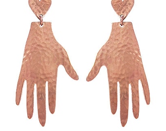 Abstract Metal Hammered Texture Hand and Heart Dangle Post Earring