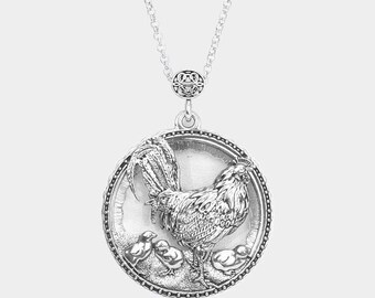 Rooster  6 Times Magnifier Magnifying Glass Top Sliding Magnet Pendant Necklace, 30 inch plus 3 inch