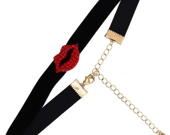 Lip rhinestone Pendant Black Suede Choker