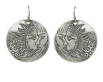 Sun&Moon Design Engraved Round Shape Drop Dangle Earrings