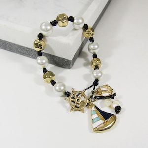 Enamel Nautical Boat Marine Pearl Beads Braided Bracelet