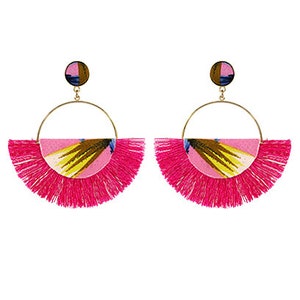 Fringe earrings, Fan tassel earrings, Fabric covered Post earrings, Statement earrings