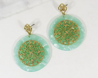 Acetate Resin Round Mandala Filigree Dangle Post Earrings