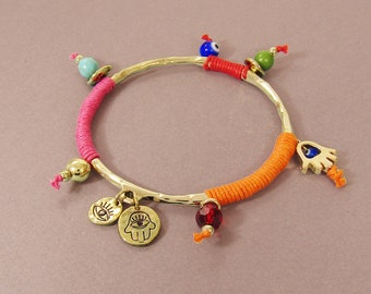 Hamsa Evil Eye Cotton Braided Bangle Bracelet