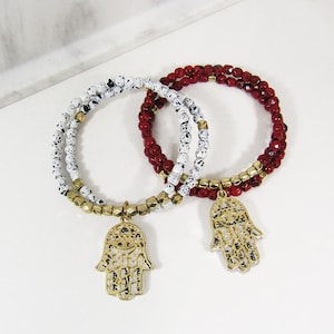 Due linee due Charm Hamsa Multi Natural Perline Bracciale Allungabile