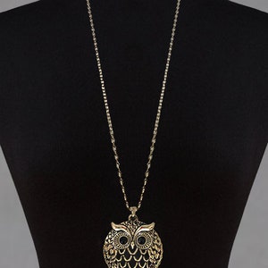 Peut inclure: Un collier en cha&icirc;ne dor&eacute;e avec un pendentif en forme de hibou. Le hibou est d&eacute;taill&eacute; avec des yeux noirs et un corps textur&eacute;.