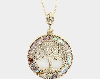 Tree of Life with Abalone 6 Times Magnifier Magnifying Glass Top Sliding Magnet Pendant Necklace, 30 inch plus 3 inch