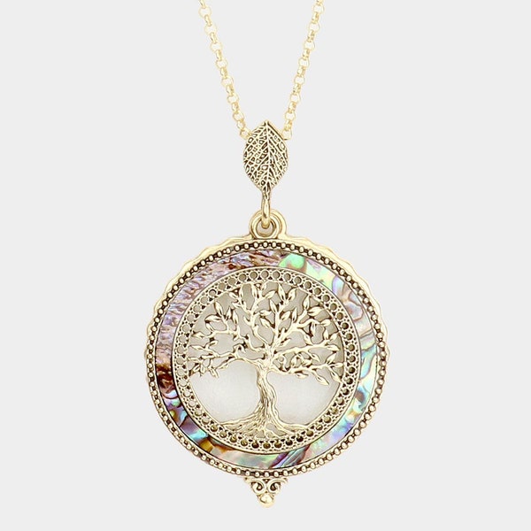Tree of Life with Abalone 6 Times Magnifier Magnifying Glass Top Sliding Magnet Pendant Necklace, 30 inch plus 3 inch