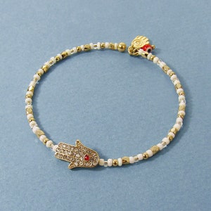 Stoned Hamsa and Mini Evil Eye Ball Beads Wire Stretchable Bracelet
