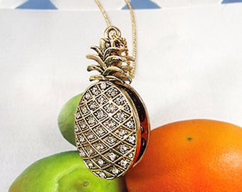 Pineapple with Cubic Zirconia Locket Pendant Necklace, 30 inch plus 3 inch