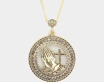 Praying Hands Cross 6 Times Magnifier Magnifying Glass Top Sliding Magnet Pendant Necklace, 30 inch plus 3 inch