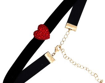Heart Rhinestone Black Suede Choker