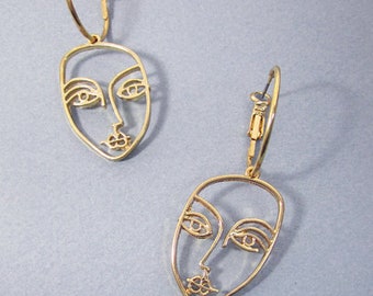 Picasso Face Design Drop Dangle Hoop Earrings