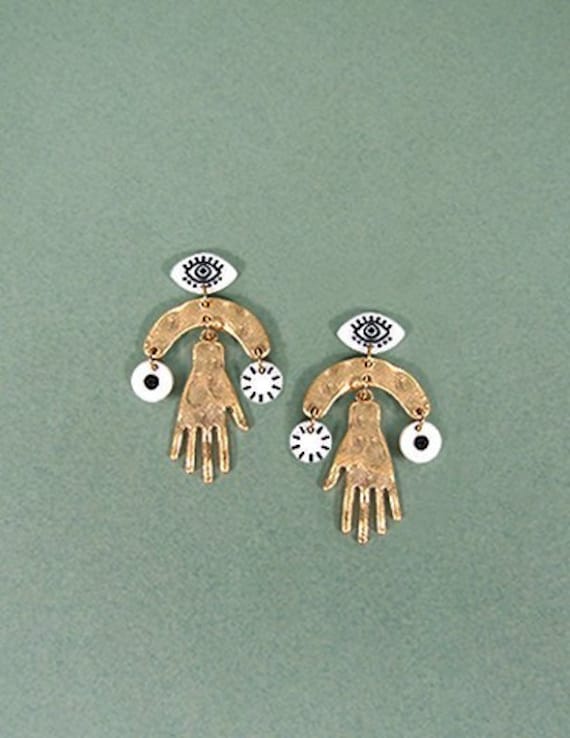 Evil Eye earrings, Hammered Hand earrings, Acetate Laser cut earring, Drop Dangle Post earrings