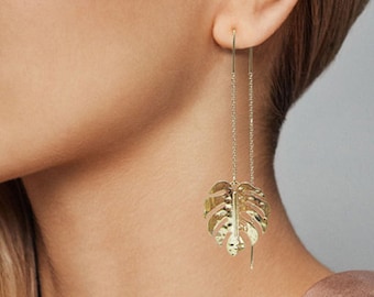 Monstera earrings Tropical plant Leaf earring Nature inspired floral leaves Long drop earrings