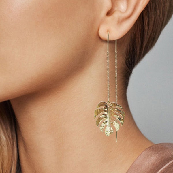 Monstera earrings Tropical plant Leaf earring Nature inspired floral leaves Long drop earrings