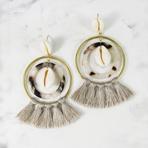 Puka Shell Acetate Tassel Hoop Dangle Drop Post Earrings