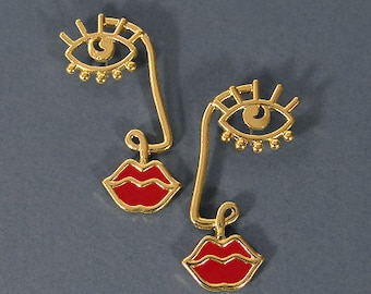 Picasso Face earrings, Eye earrings, lips earring, Abstract earring, Drop Dangle Post Earring