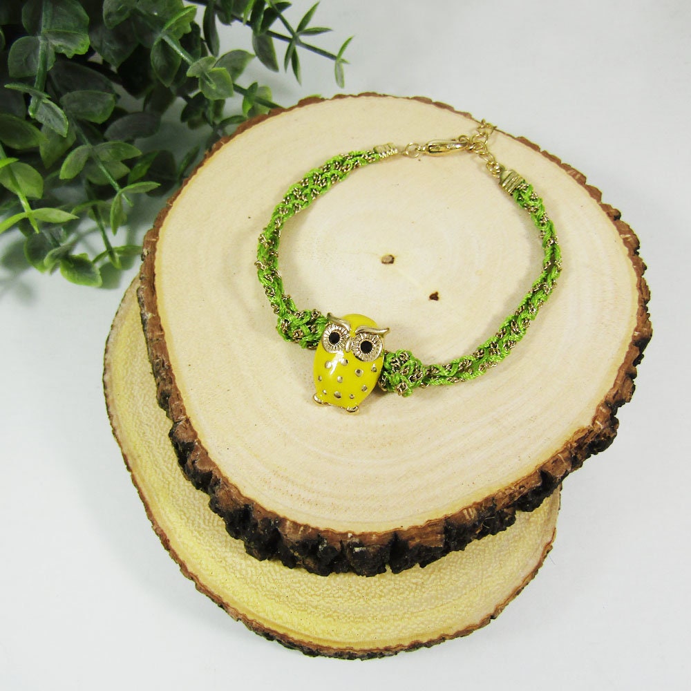 Enamel Stoned Owl Cotton Cord Chain Braided Bracelet