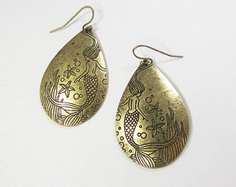 Mermaid Design Engraved Teardrop Shape Drop Dangle Earrings