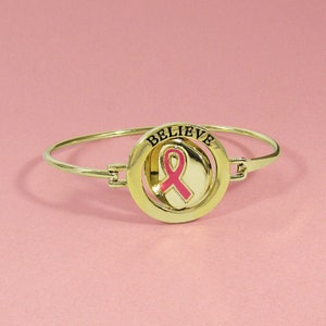 Believe in Yourself Pink Ribbon Spinning Charm Wired Cuff Bangle Bracelet