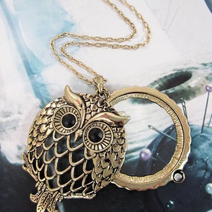 Owl 6 Times Magnifier Magnifying Glass Top Sliding Magnet Pendant Necklace, 30 inch plus 3 inch