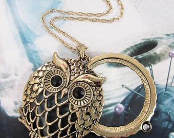 Owl 6 Times Magnifier Magnifying Glass Top Sliding Magnet Pendant Necklace, 30 inch plus 3 inch