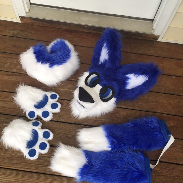 Blue and White Husky Wolf Fursuit Partial (head, handpaws, armsleeves, and tail)