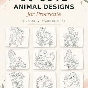 May include: A digital collection of 50 cute animal designs for Procreate, featuring fineline stamp brushes. The graphic displays nine black and white line art illustrations of animals including a rabbit, deer, mouse, owl, lion cub, butterfly, raccoon, lamb, and fox.