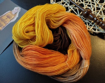 Sockenwolle Luna gelb-orange-braun handgefärbt 4-fach 100g mit Farbverlauf, mulesingfrei, Sockenwolle Herbstfarben, auch für Tuch und Mütze