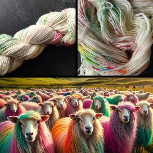 Sockenwolle Regenbogen 4-fach 100g handgefärbt weiß mit Sprenkeln, mulesingfrei, bunt, auch für Mütze, Tuch und Handschuhe